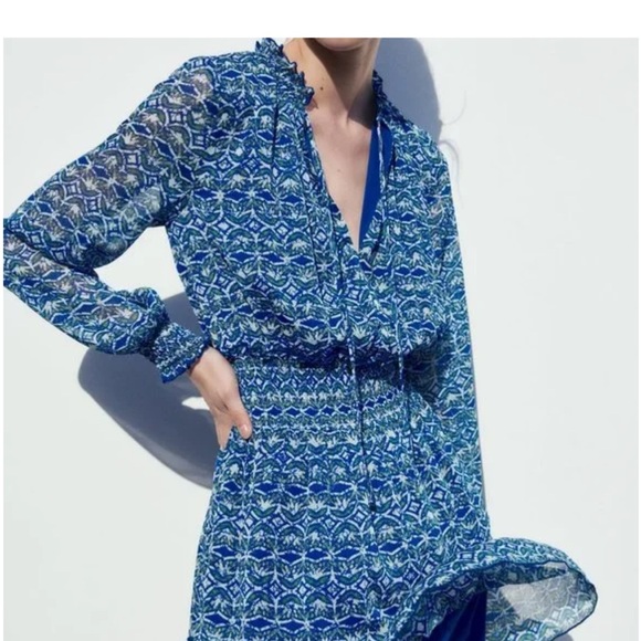 Zara blue print smocked waistband mini dress - Picture 4 of 9